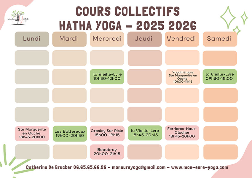 Calendrier des cours de Yoga avec Catherine De Brucker - Normandie - 27