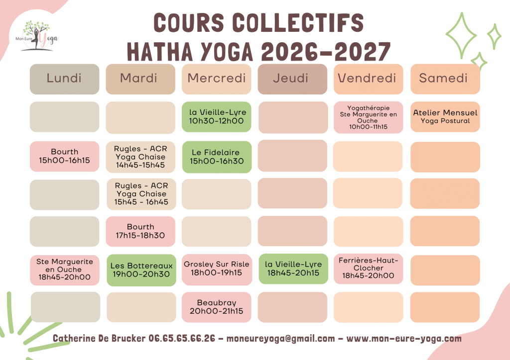 Planning des cours de yoga avec Catherine de Brucker - 2026/2027